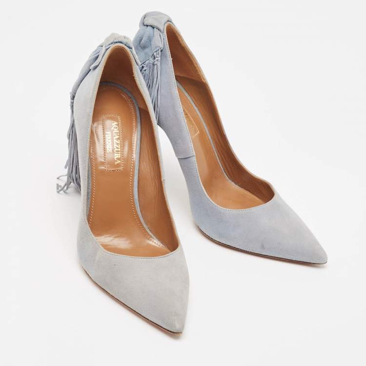 Pre Owned Aquazzura Grey Suede Bow Fringe Pumps Size 35