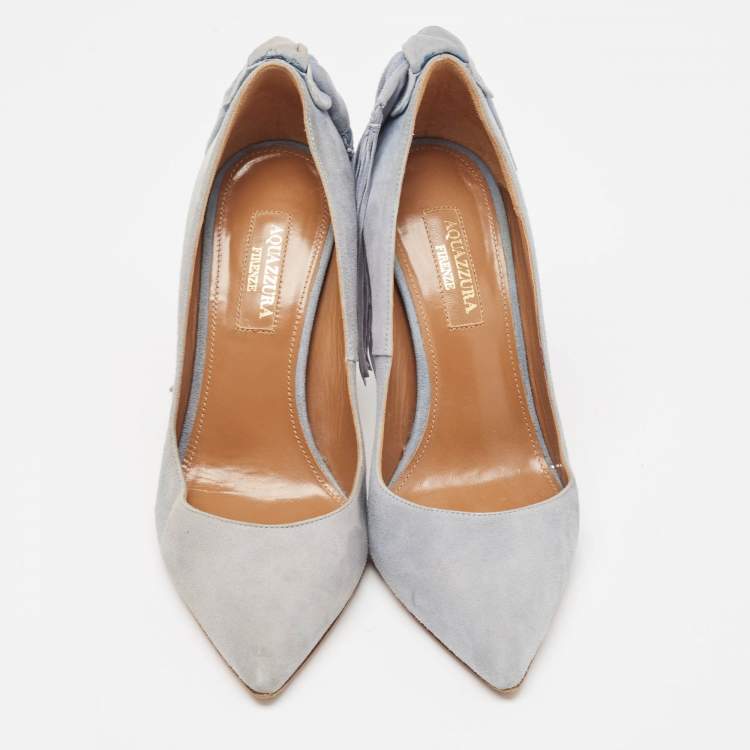 Pre Owned Aquazzura Grey Suede Bow Fringe Pumps Size 35