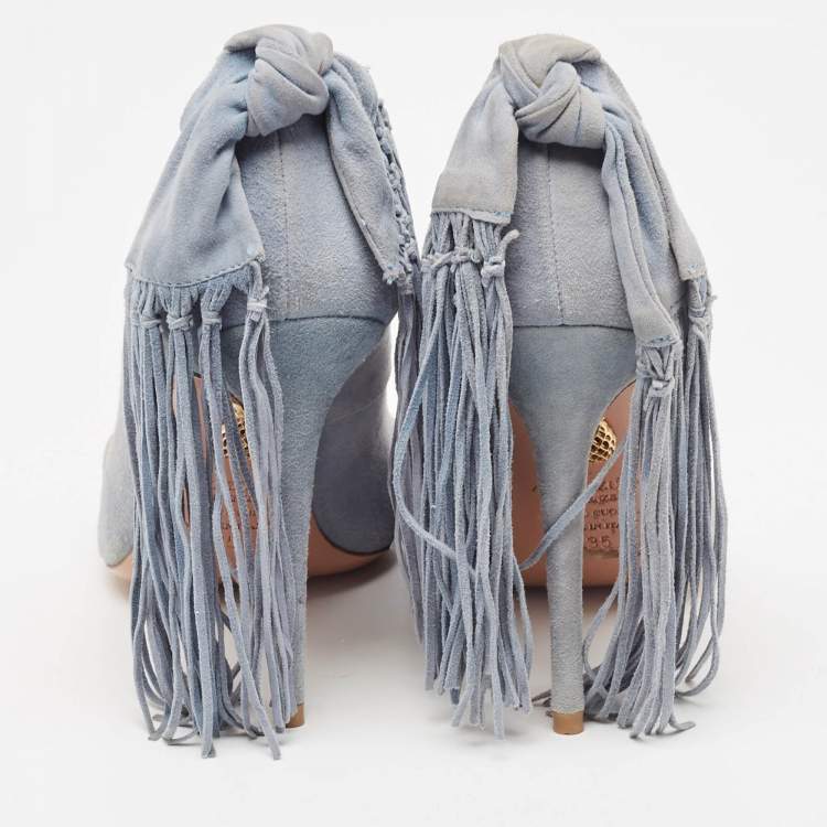 Pre Owned Aquazzura Grey Suede Bow Fringe Pumps Size 35