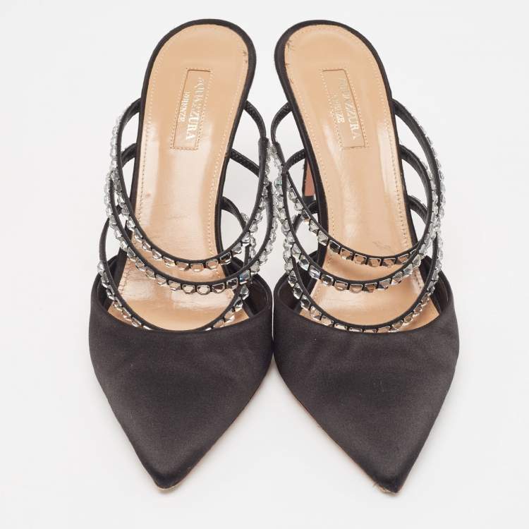 مملوكة مسبقًا Aquazzura Black Satin Crystal Embellished Mules Size 40.5