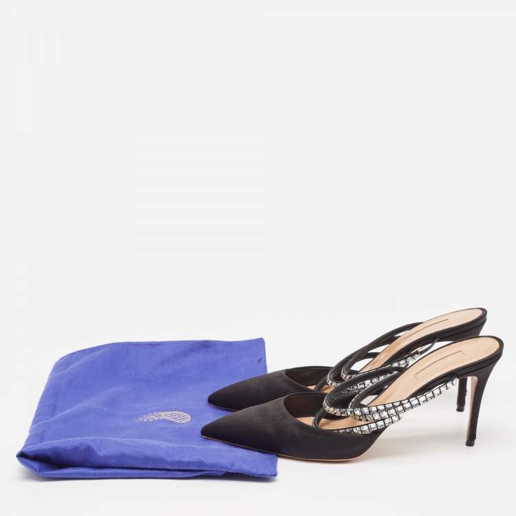 مملوكة مسبقًا Aquazzura Black Satin Crystal Embellished Mules Size 40.5