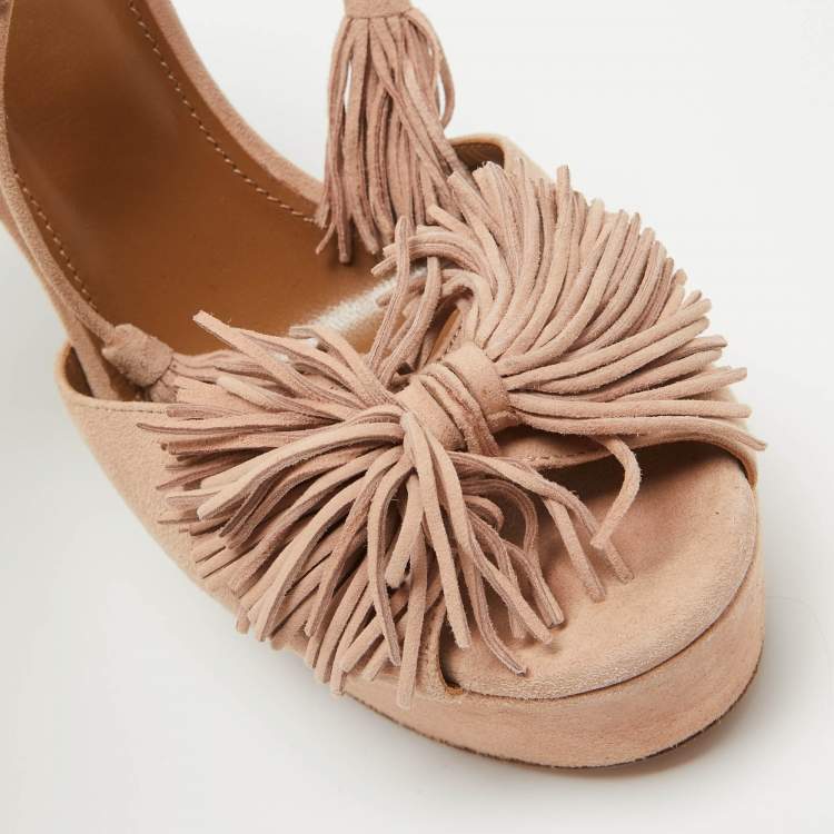Pre Owned Aquazzura Pink Suede Platform Ankle Wrap Sandals Size 39.5