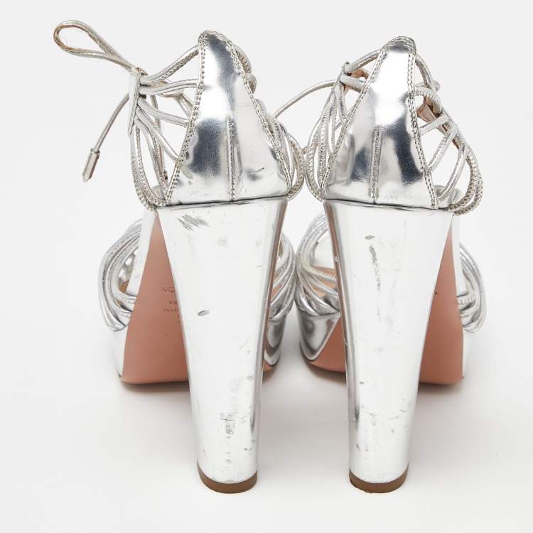 مملوكة مسبقًا Aquazzura Silver Leather Josephine Platform Sandals Size 39