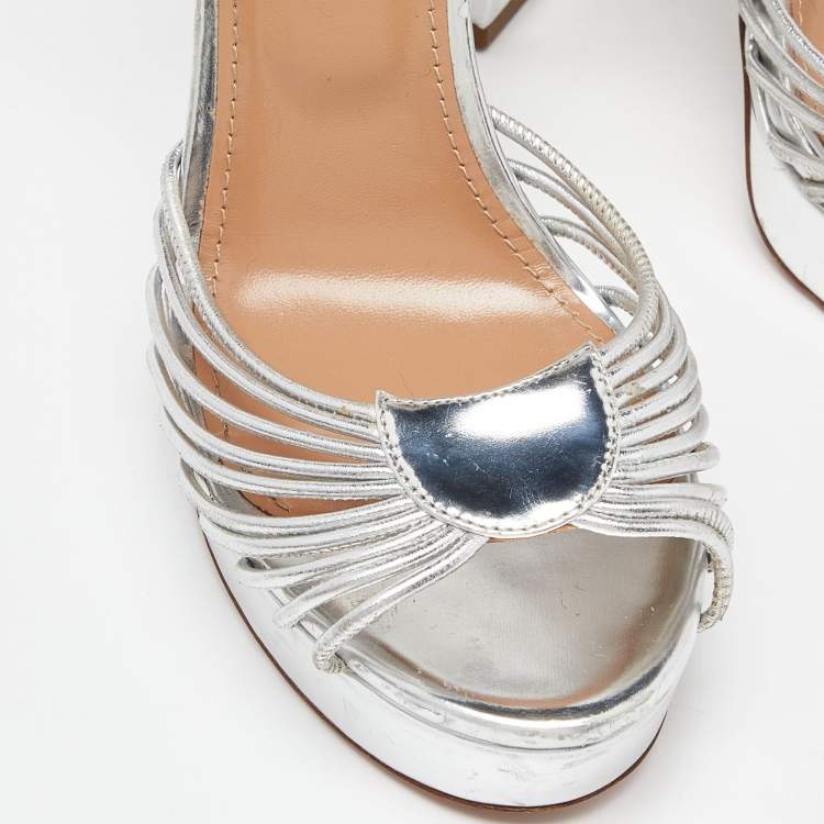 مملوكة مسبقًا Aquazzura Silver Leather Josephine Platform Sandals Size 39