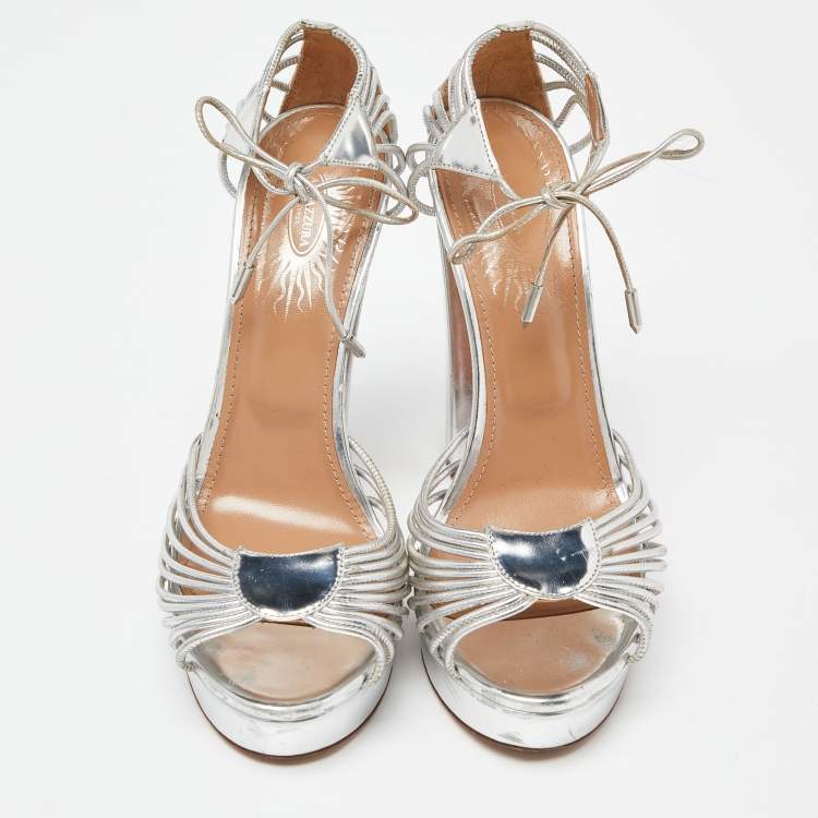 مملوكة مسبقًا Aquazzura Silver Leather Josephine Platform Sandals Size 39