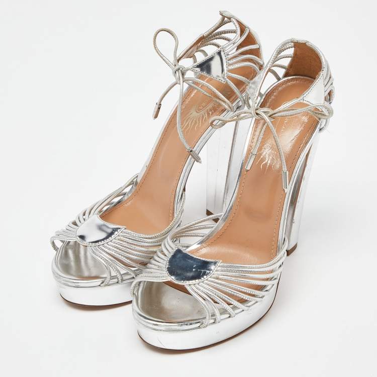 مملوكة مسبقًا Aquazzura Silver Leather Josephine Platform Sandals Size 39
