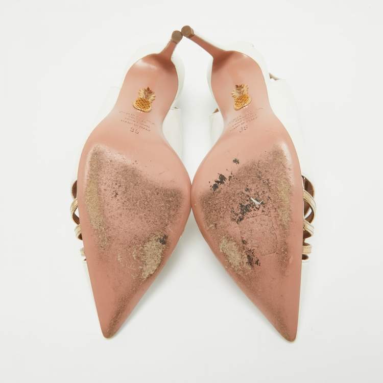 مملوكة مسبقًا Aquazzura White/Gold Leather Cut Out Cece Pumps Size 36