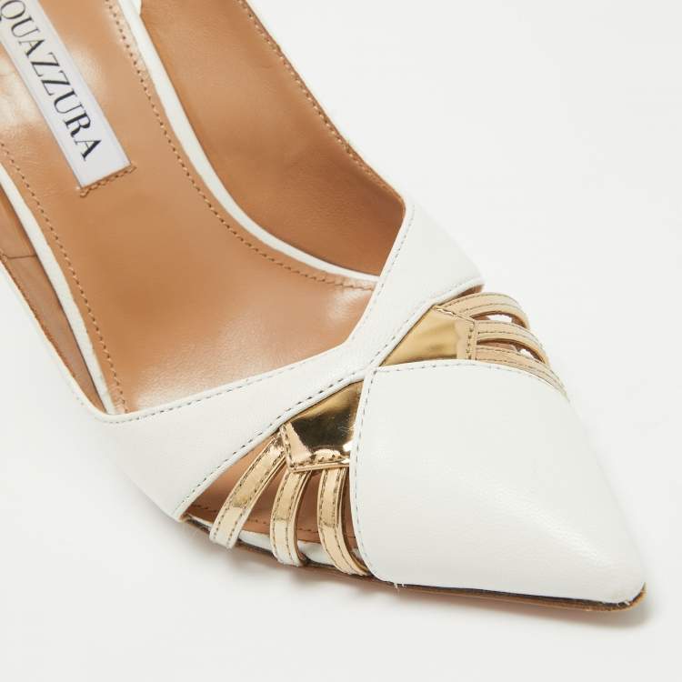 مملوكة مسبقًا Aquazzura White/Gold Leather Cut Out Cece Pumps Size 36