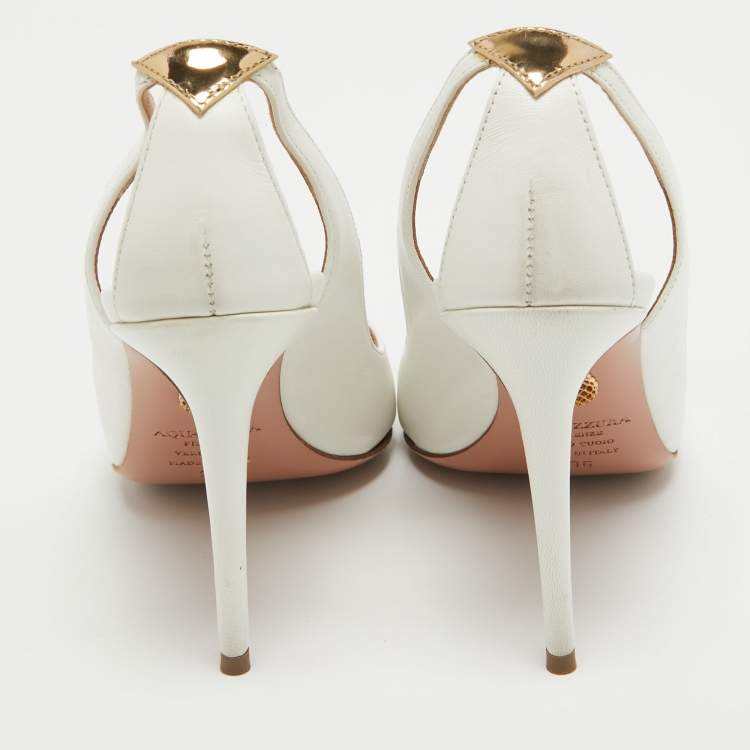 مملوكة مسبقًا Aquazzura White/Gold Leather Cut Out Cece Pumps Size 36