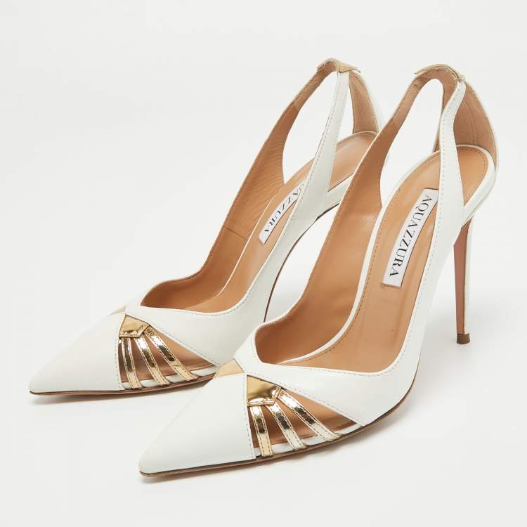 مملوكة مسبقًا Aquazzura White/Gold Leather Cut Out Cece Pumps Size 36