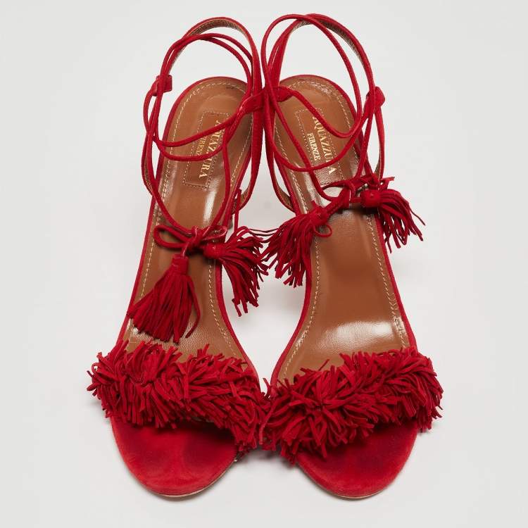 Pre Owned Aquazzura Red Fringed Suede Wild Thing Ankle Wrap Sandals Size 39