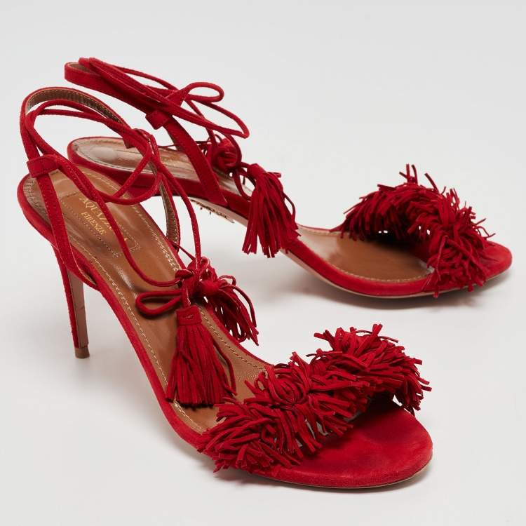Pre Owned Aquazzura Red Fringed Suede Wild Thing Ankle Wrap Sandals Size 39