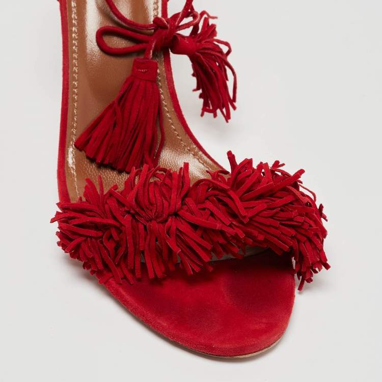Pre Owned Aquazzura Red Fringed Suede Wild Thing Ankle Wrap Sandals Size 39