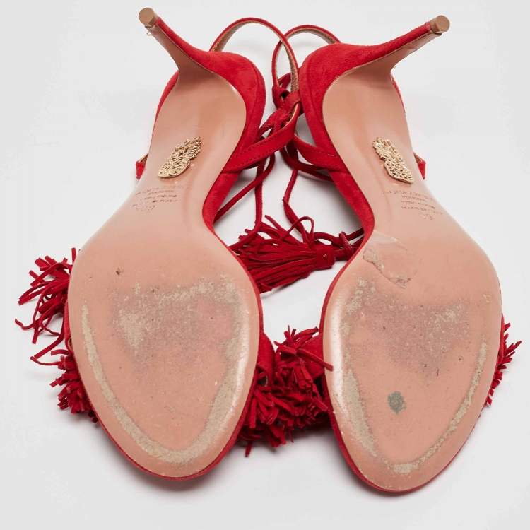 Pre Owned Aquazzura Red Fringed Suede Wild Thing Ankle Wrap Sandals Size 39