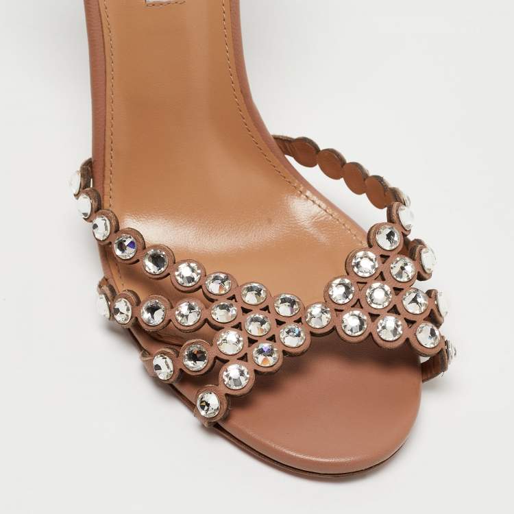 Pre Owned Aquazzura Beige Leather Crystal-Embellished Ankle Strap Sandals Size 39
