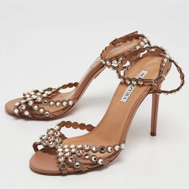 Pre Owned Aquazzura Beige Leather Crystal-Embellished Ankle Strap Sandals Size 39