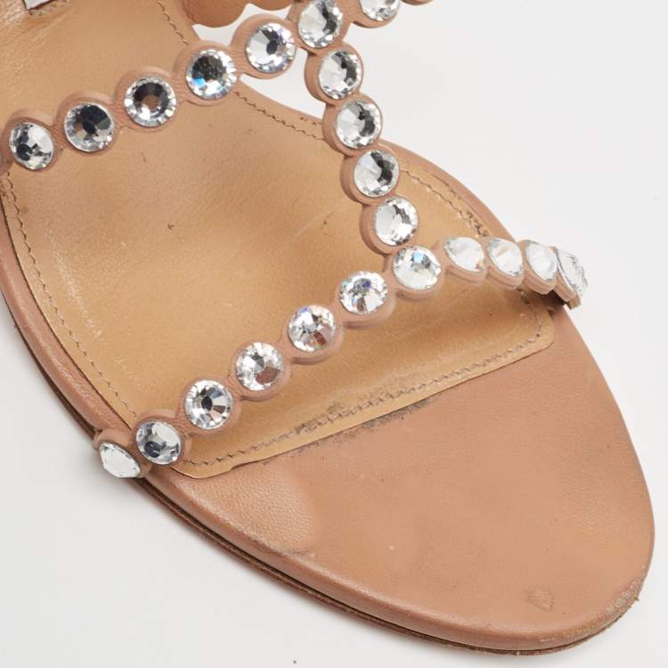 مملوكة مسبقًا Aquazzura Beige Leather Crystal Embellished Slides Size 36