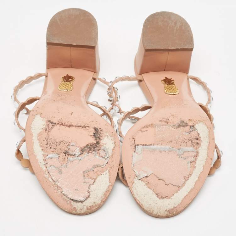 مملوكة مسبقًا Aquazzura Beige Leather Crystal Embellished Slides Size 36