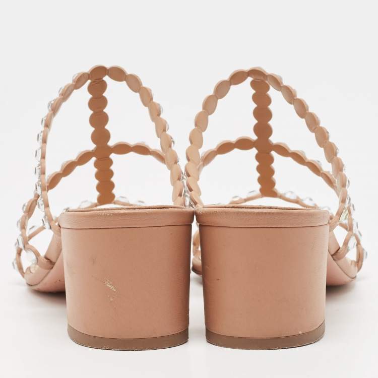 مملوكة مسبقًا Aquazzura Beige Leather Crystal Embellished Slides Size 36