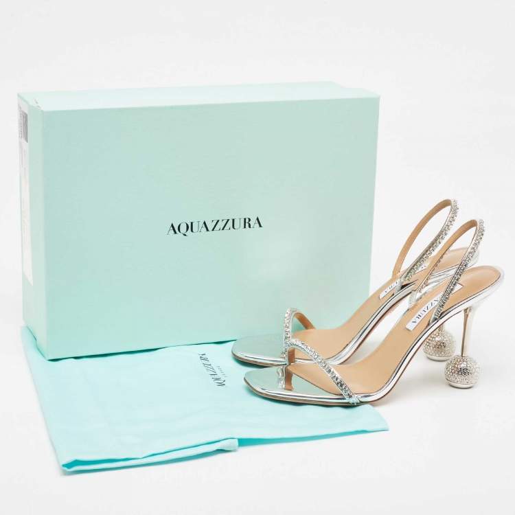 Pre Owned Aquazzura Metallic Silver Leather Yes Darling Slingback Sandals Size 38