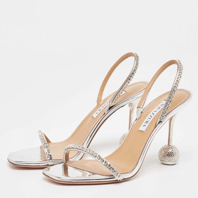 Pre Owned Aquazzura Metallic Silver Leather Yes Darling Slingback Sandals Size 38