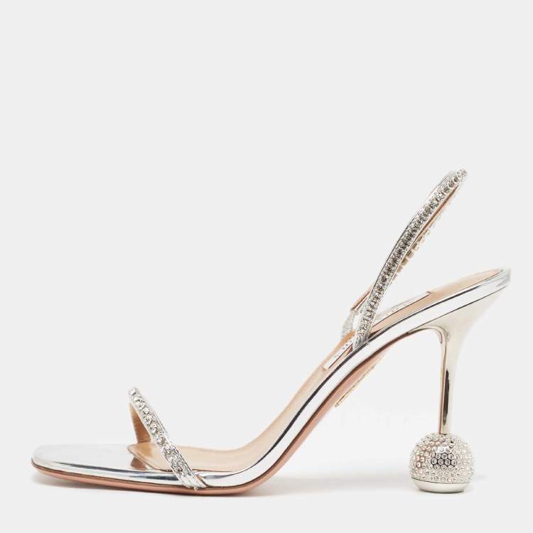 Pre Owned Aquazzura Metallic Silver Leather Yes Darling Slingback Sandals Size 38