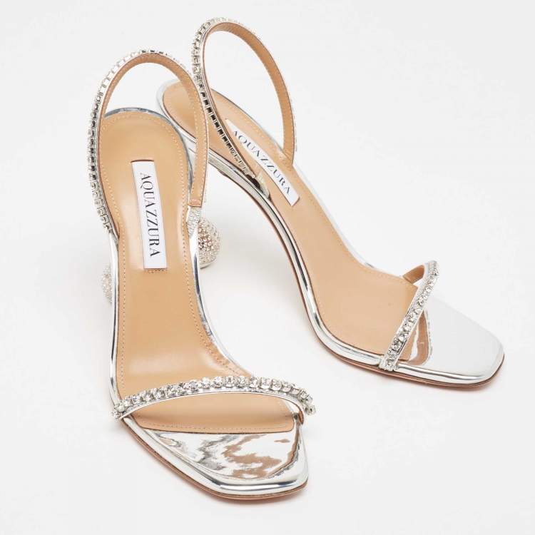 Pre Owned Aquazzura Metallic Silver Leather Yes Darling Slingback Sandals Size 38