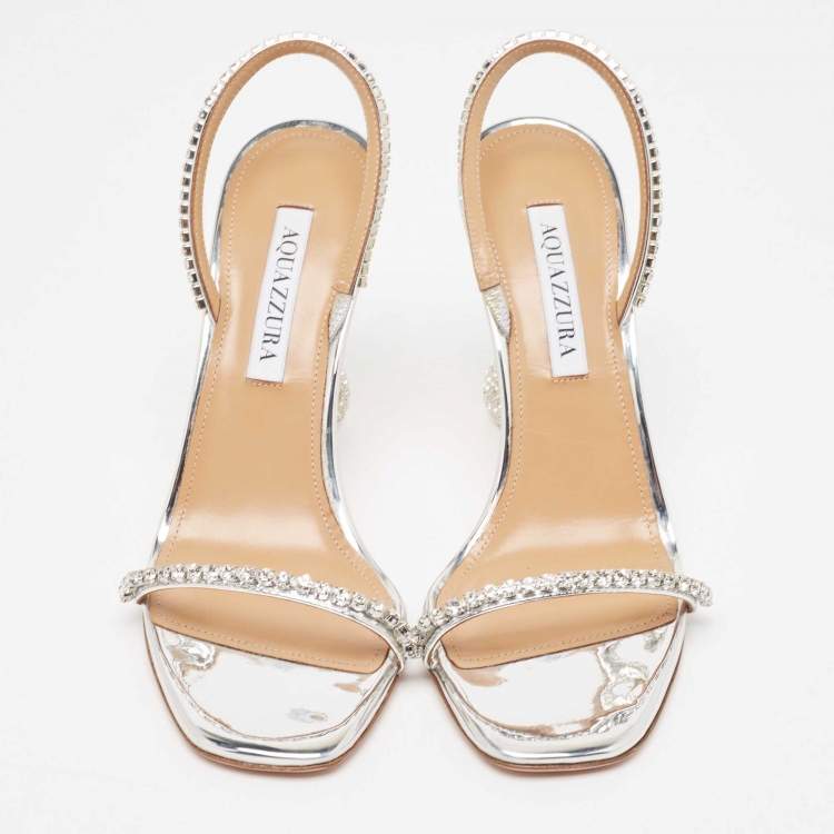 Pre Owned Aquazzura Metallic Silver Leather Yes Darling Slingback Sandals Size 38