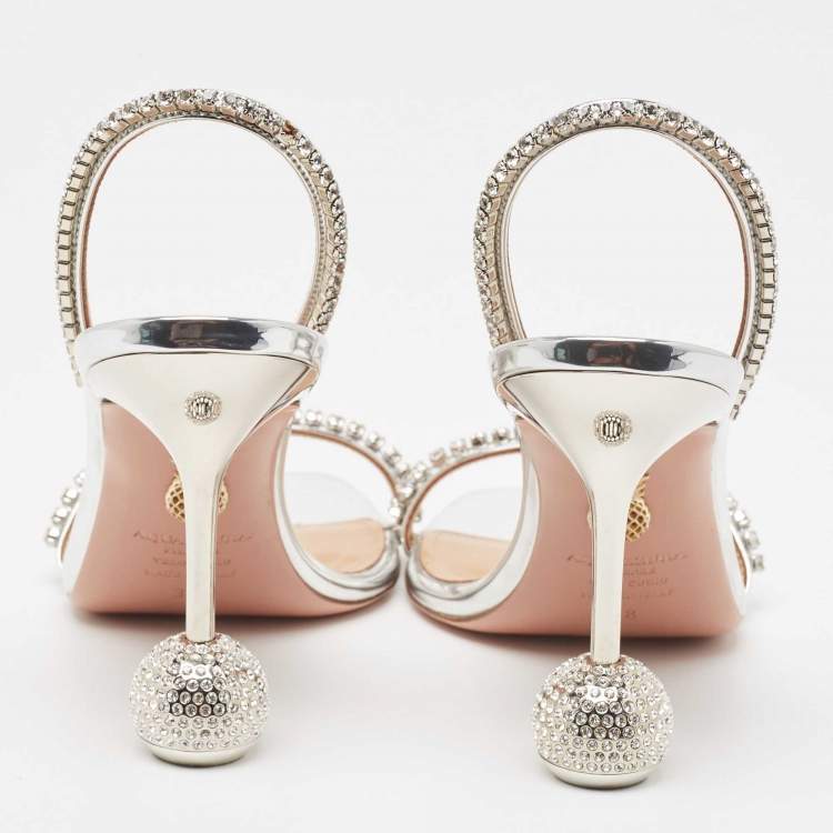 Pre Owned Aquazzura Metallic Silver Leather Yes Darling Slingback Sandals Size 38