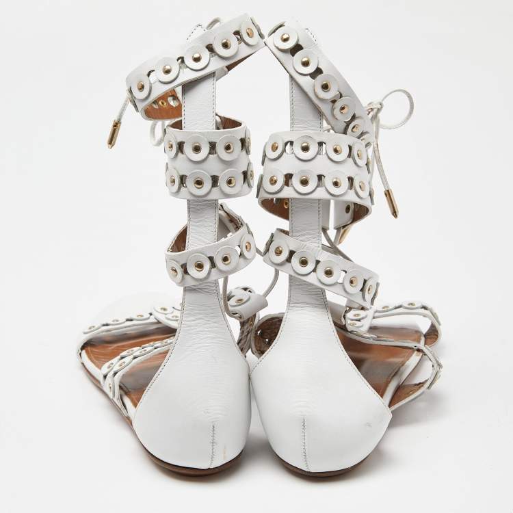 Pre Owned Aquazzura White Studded Leather Strappy Gladiator Flat Sandals Size 37
