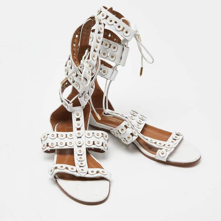 Pre Owned Aquazzura White Studded Leather Strappy Gladiator Flat Sandals Size 37