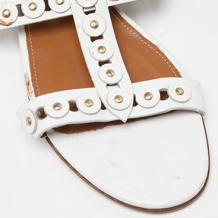 Pre Owned Aquazzura White Studded Leather Strappy Gladiator Flat Sandals Size 37