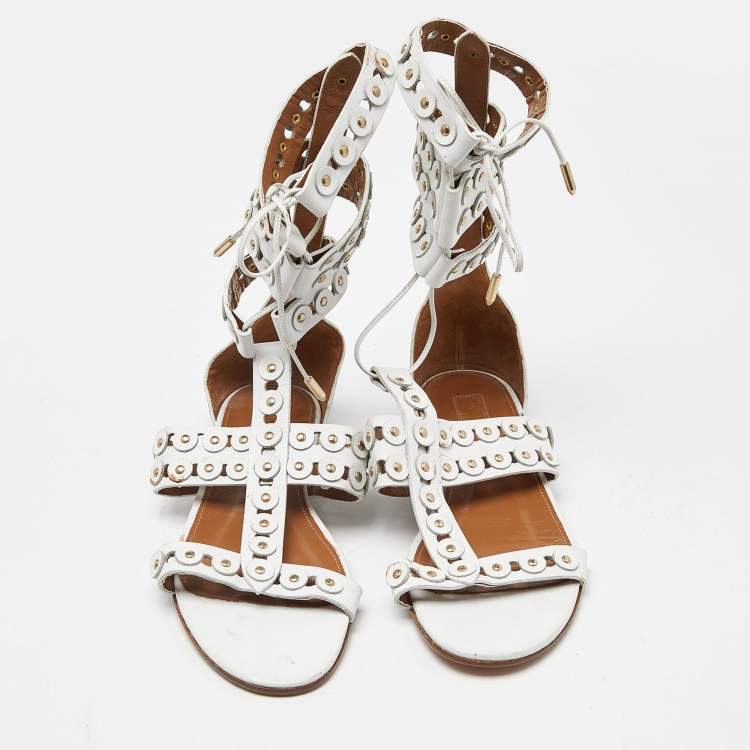 Pre Owned Aquazzura White Studded Leather Strappy Gladiator Flat Sandals Size 37