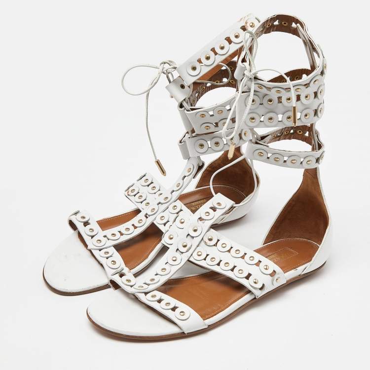 Pre Owned Aquazzura White Studded Leather Strappy Gladiator Flat Sandals Size 37