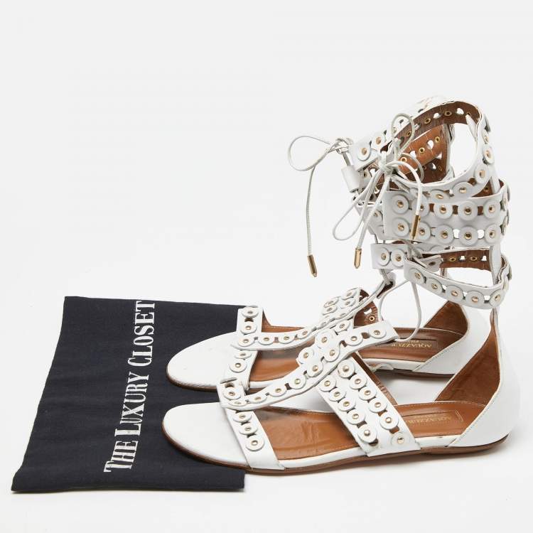 Pre Owned Aquazzura White Studded Leather Strappy Gladiator Flat Sandals Size 37