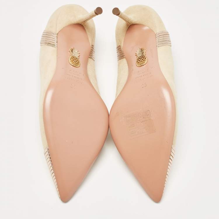 مملوكة مسبقًا Aquazzura Beige/Gold Leather and Suede Savoy Pumps Size 35