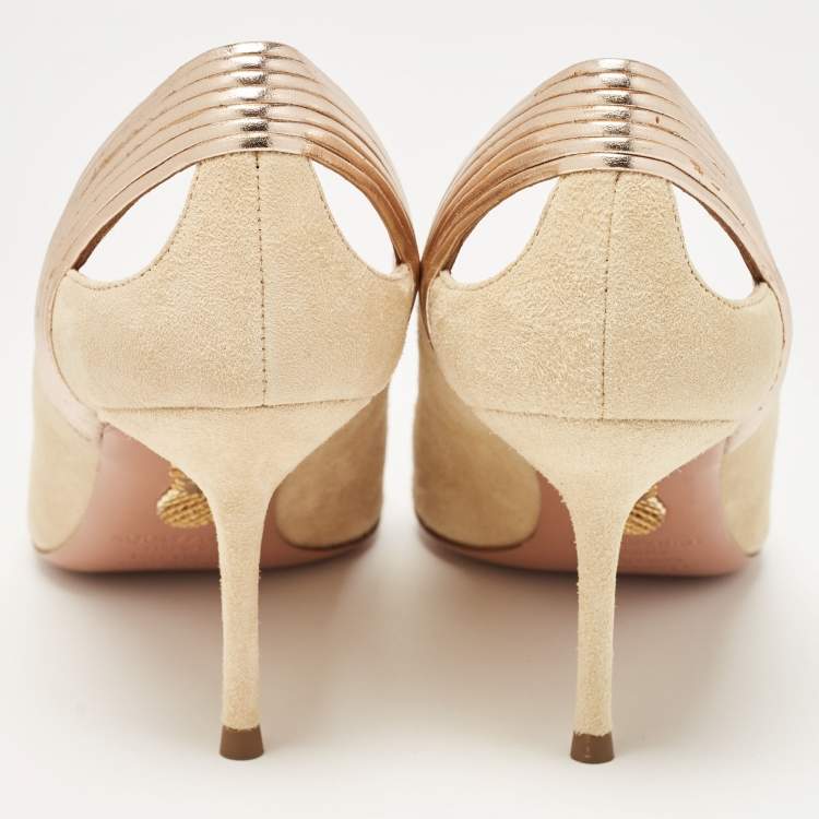 مملوكة مسبقًا Aquazzura Beige/Gold Leather and Suede Savoy Pumps Size 35