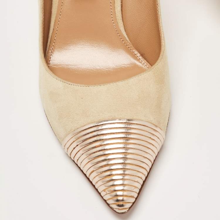 مملوكة مسبقًا Aquazzura Beige/Gold Leather and Suede Savoy Pumps Size 35