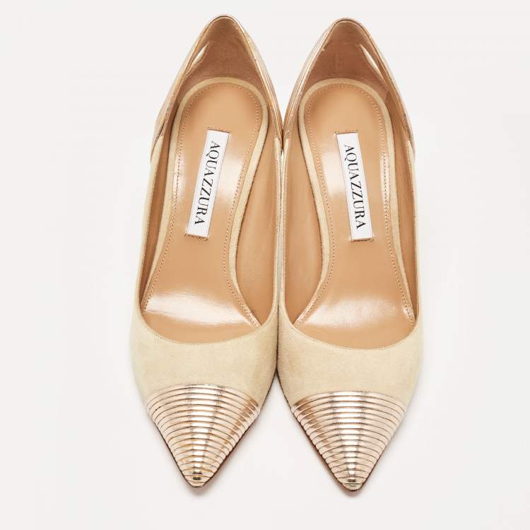 مملوكة مسبقًا Aquazzura Beige/Gold Leather and Suede Savoy Pumps Size 35