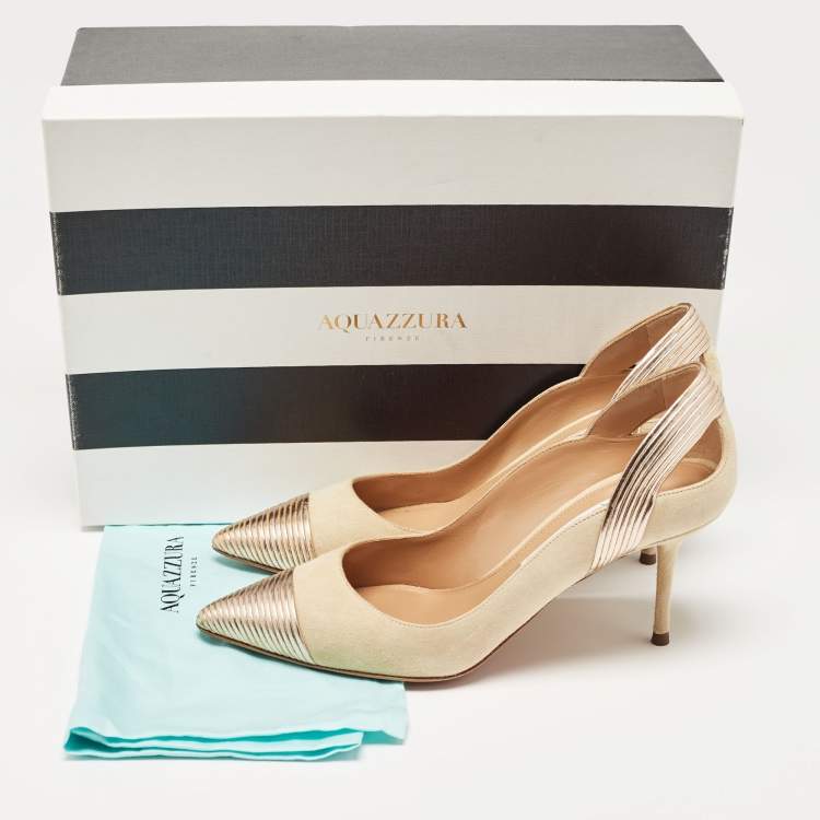 مملوكة مسبقًا Aquazzura Beige/Gold Leather and Suede Savoy Pumps Size 35