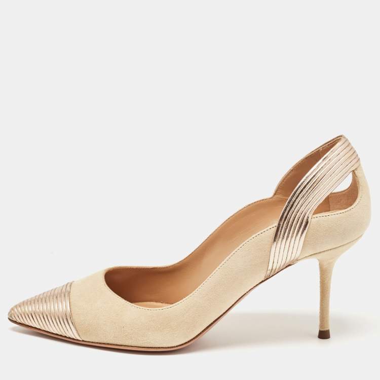 مملوكة مسبقًا Aquazzura Beige/Gold Leather and Suede Savoy Pumps Size 35