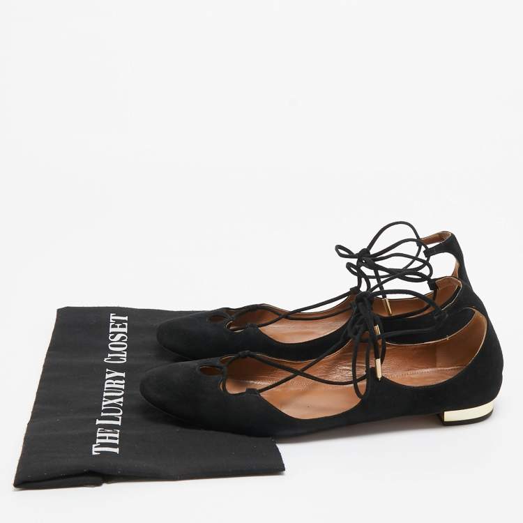 مملوكة مسبقًا Aquazzura Black Suede Dancer Lace Up Ballet Flats Size 40