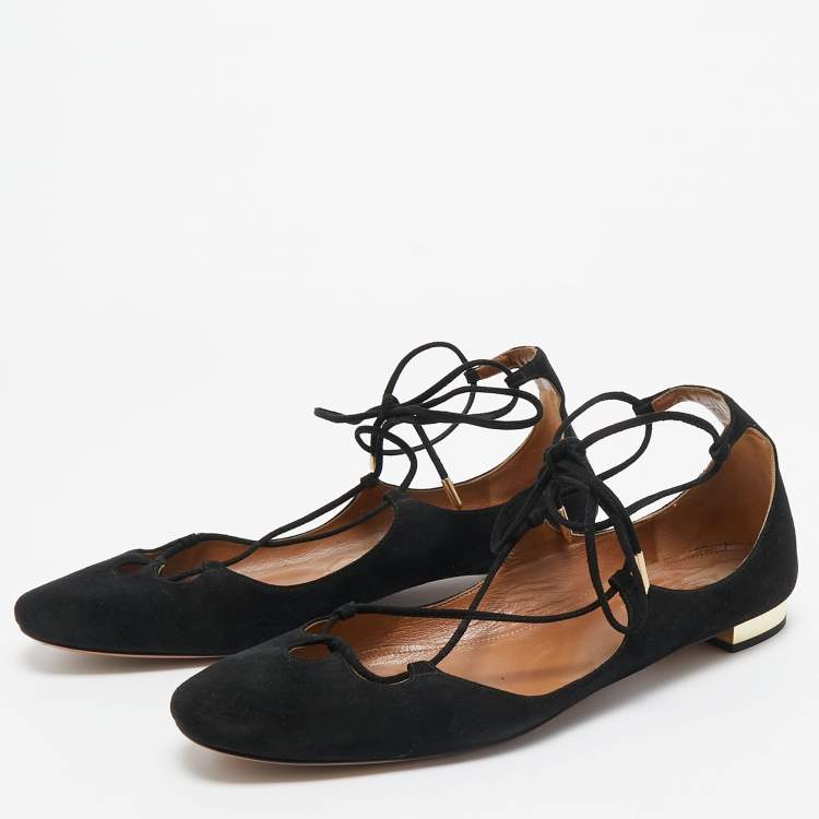 مملوكة مسبقًا Aquazzura Black Suede Dancer Lace Up Ballet Flats Size 40