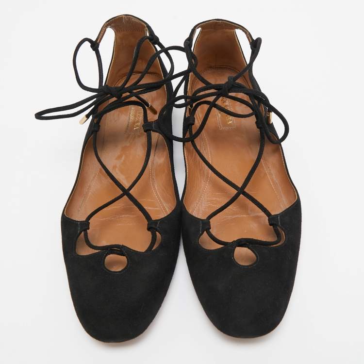 مملوكة مسبقًا Aquazzura Black Suede Dancer Lace Up Ballet Flats Size 40