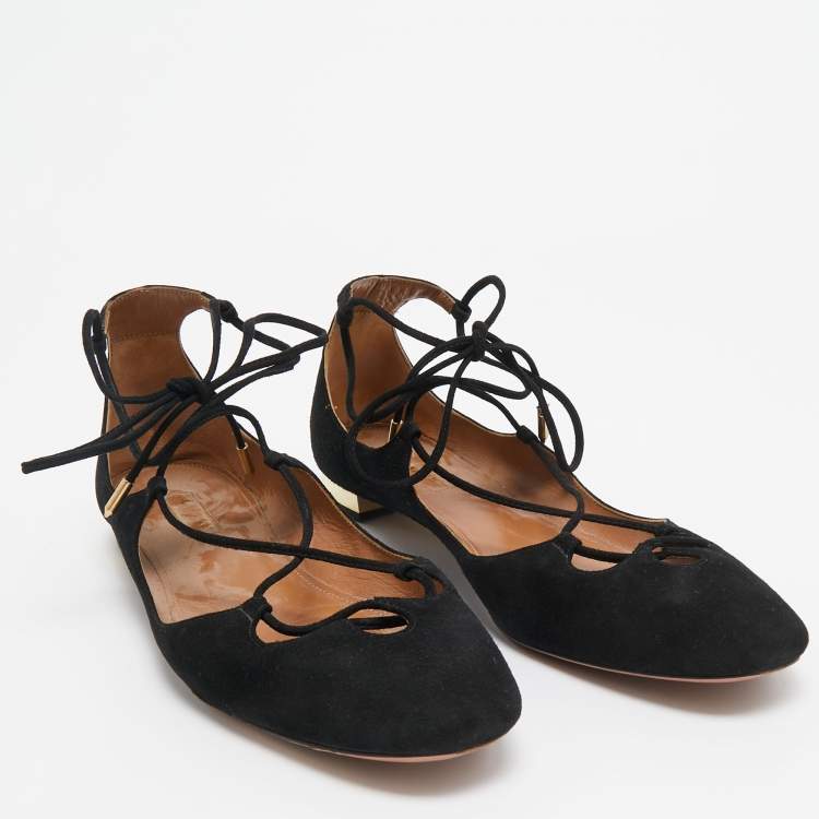 مملوكة مسبقًا Aquazzura Black Suede Dancer Lace Up Ballet Flats Size 40