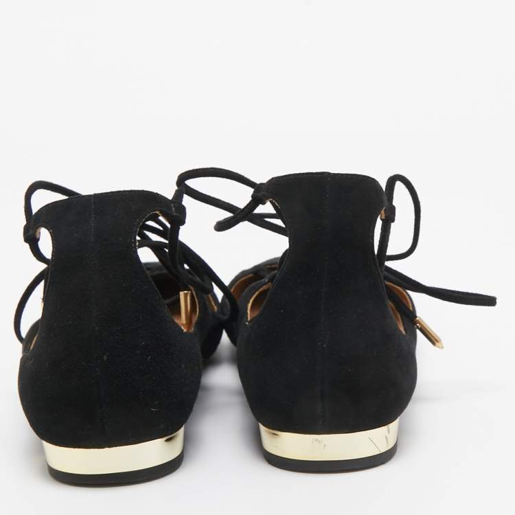 مملوكة مسبقًا Aquazzura Black Suede Dancer Lace Up Ballet Flats Size 40
