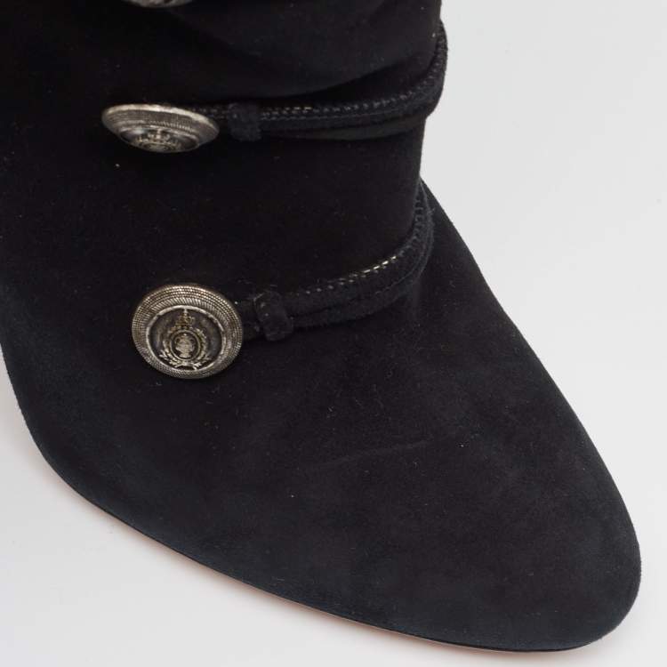 Pre Owned Aquazzura Black Suede Buttons Embellished Over The Knee Boots Size 39