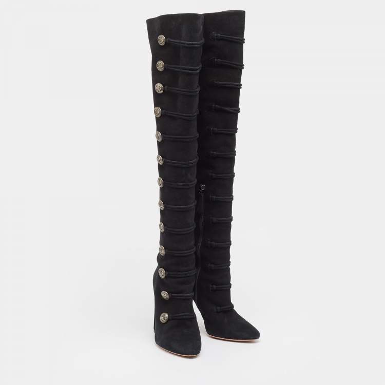 Pre Owned Aquazzura Black Suede Buttons Embellished Over The Knee Boots Size 39
