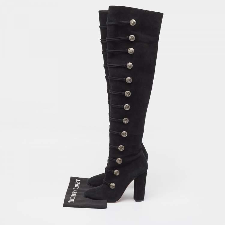 Pre Owned Aquazzura Black Suede Buttons Embellished Over The Knee Boots Size 39