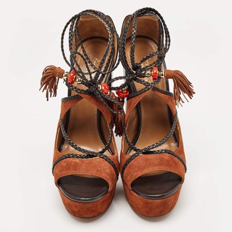 Pre Owned Aquazzura Black/Brown Suede and Leather Ankle Sandals Size 38.5